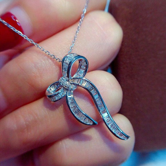 FIRM 925 Silver Italy Chain & White Sapphire Bow Pendant - Picture 3 of 7